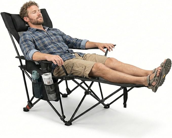 HASIKA Reclining Camping Chair with Footrest, Ultra-Lightweight Portable Folding Lounge Chair for Outdoor Hiking Picnic Beach, 4-Position Adjustable Back Support with Headrest & Carry Bag, Black