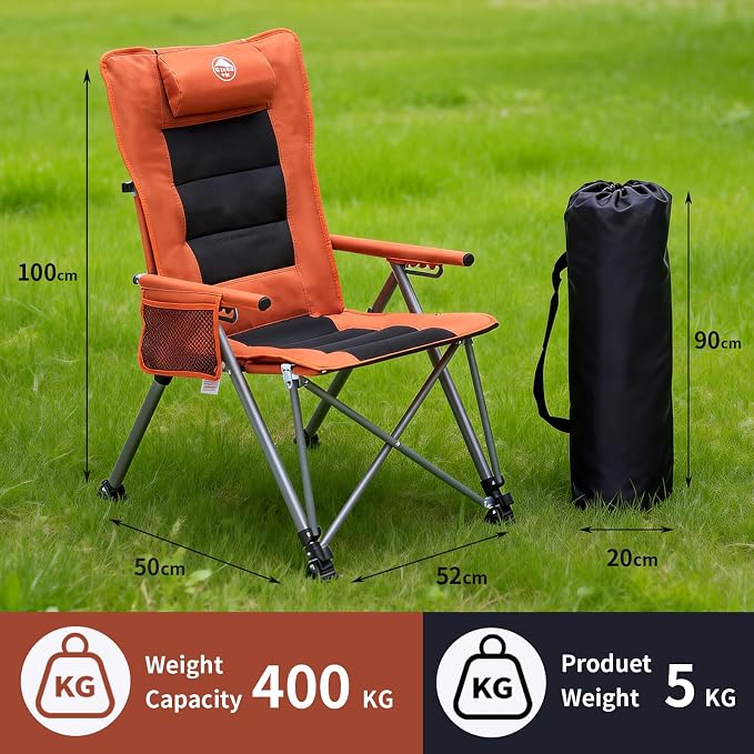 Folding Reclining Camping Chair with Footrest, 5-Position Adjustable Lounge Chair with Headrest & Cushion, Portable Heavy Duty Camping Chair for Outdoor, Beach, Patio, Office (Orange)