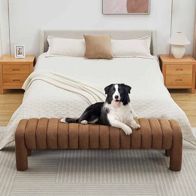 63’’ Bedroom Bench, Upholstered End of Bed Bench with Solid Wood Legs, Modern Cushioned Dining Bench with Full Covered Fabrics for Entryway, Bedroom, Living Room (Rust Brown, Boucle)