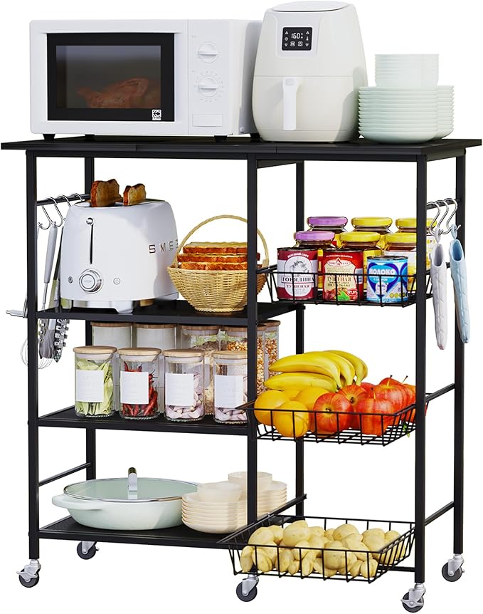 HapiRm Rolling Kitchen Microwave Cart - 4 Tier Microwave Table Stand with Pull-Out Baskets, Coffee Bar Baker's Rack with Wheels Rolling Storage Cart Organizer Shelf for Living Room Office, Balcony