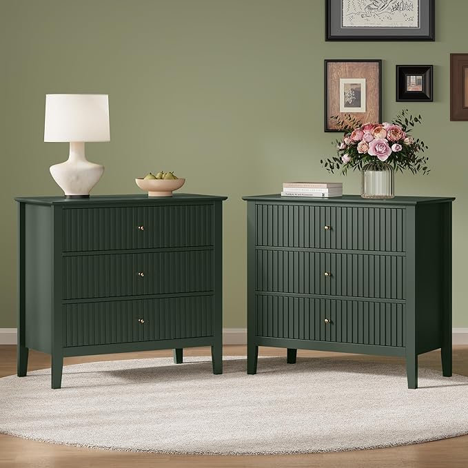 RoyalCraft 32" Large Nightstand Set of 2, Fluted Painted Bedside Table with 3 Spacious Drawers, Modern Tall End Table for Bedroom, Dark Green