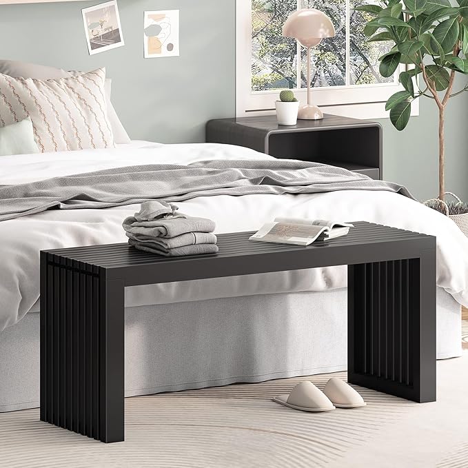 Bamboo Dining Bench, 35-inch Sleek Design Entryway Shoe Rack Bench, Indoor Kitchen Table Bench, Waterproof Outdoor Bench, Black