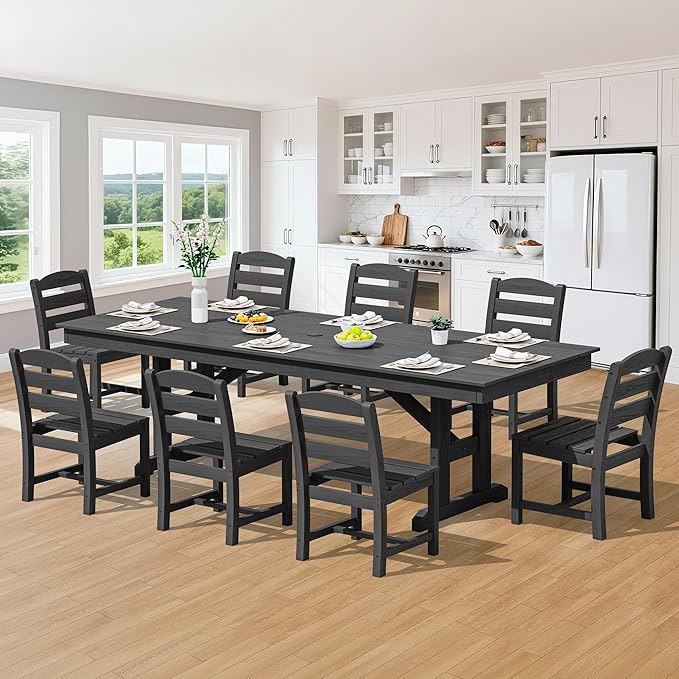 SERWALL 9 Piece Outdoor Dining Set, 84" HDPE Outdoor Table and Armless Chairs Set for 8，All Weather Patio Furniture Set with Umbrella Hole for Backyard, Garden, Black