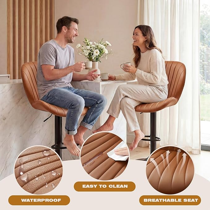 GRUSIGN Bar Stools Set of 4, Modern Swivel Adjustable Bar Chairs, Faux Leather Upholstered Counter Height Bar Stools with Backrest, Comfort Barstools for Kitchen Island, Home Bar, Brown