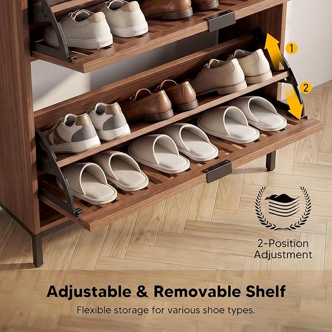 Shoe Cabinet for Entryway, Modern Slim Shoe Storage Cabinet with 2 Flip Drawers, Freestanding Narrow Shoe Rack Organizer with Breathable Slatted Doors & Adjustable Footpads for Hallway & Foyer, Walnut