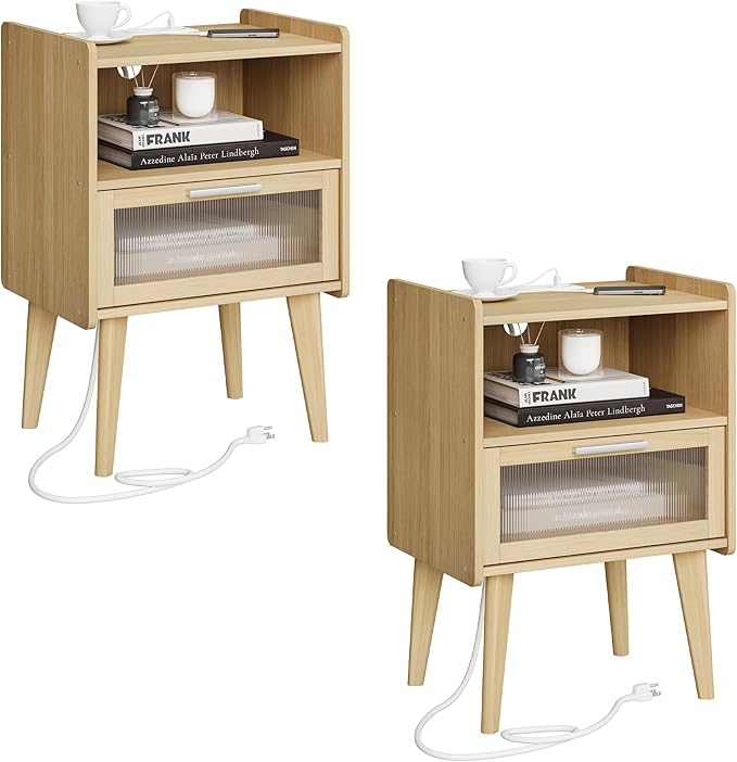 Nightstand with Charging Station, Natural Wood Bedside Tables, Modern End Table, Side Table with 2 Tiers Storage Space for Bedroom Living Room MLBZ07YE-2