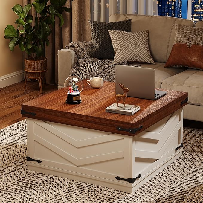 UNIQUITE 31.5'' Lift Top Coffee Table, Sliding Top Square Center Table with Large Hidden Storage Organizer, Multi-Functional Farmhouse Coffee Tables for Living Room, Bedroom, Home Office, White