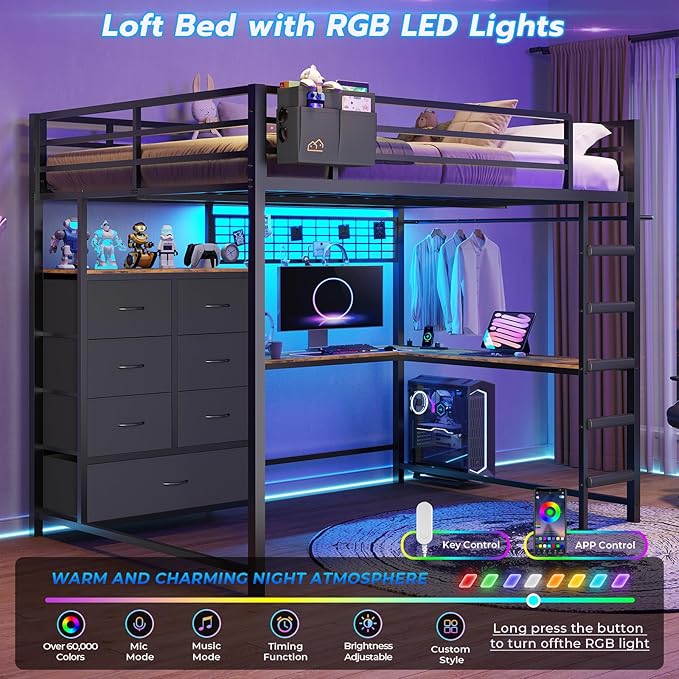 DICTAC Full Loft Bed with L-Shaped Desk and 7 Storage Drawers,Metal Full Size Loft Bed for Teen with LED Lights and Charging Station,13.11" H Safety Guardrail and Ladder,No Box Spring Needed, Black