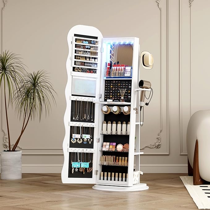 Vlsrka 360° Swivel Jewelry Aromire with Wavy Mirror, Lockable Jewelry Organizer Mirror Full Length, Rotatable Standing Mirror with Storage, Jewelry Cabinet, Interior Mirror, Flodable Shelf, White