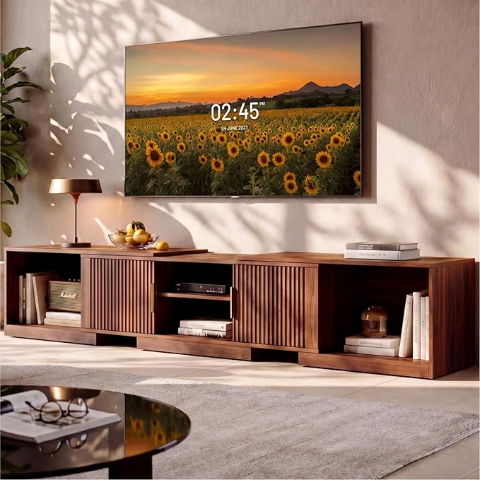 IRONCK TV Stand for 55-80 Inches TVs, 63"-84.6" Adjustable Length, Extendable Corner Entertainment Center with Storage Cabinets, Fluted Doors Modern Media Console, Ideal for Living Room, Walnut