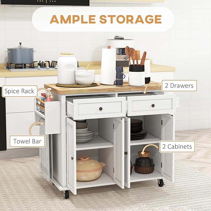 HOMCOM Kitchen Island Cart with Solid Wood Top, 44" Mobile Kitchen Island Table on Wheels with Storage Cabinets, 2 Drawers, Adjustable Shelves, Spice Rack & Towel Bar for Dining Room, Distressed White