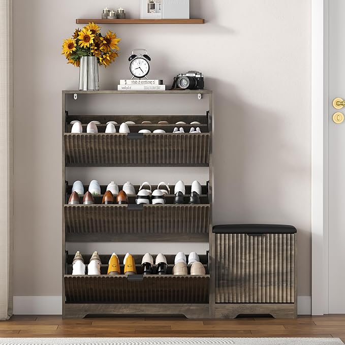 HUANLEGO Shoe Cabinet Storage for Entryway with 4 Flip Drawers, Grey Fluted Shoe Cabinet with Bench, Wooden Hidden Shoe Rack Freestanding Narrow Slim Shoes Storage Organizer for Hallway, Entrance