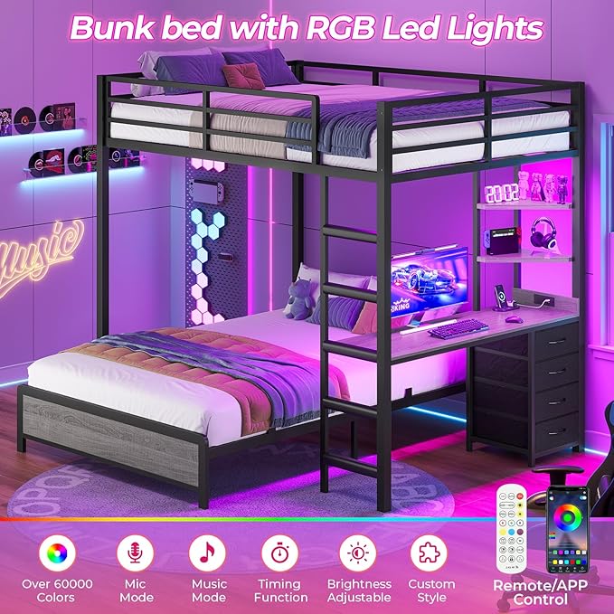 ADORNEVE Bunk Bed with Desk, Full Over Full Bunk Beds with Charging Station & Led Lights, 4 Storage Drawers & 2 Open Storage Shelves, Metal Loft Bed with Safety Guardrail & Ladder for Kids/Teen, Grey