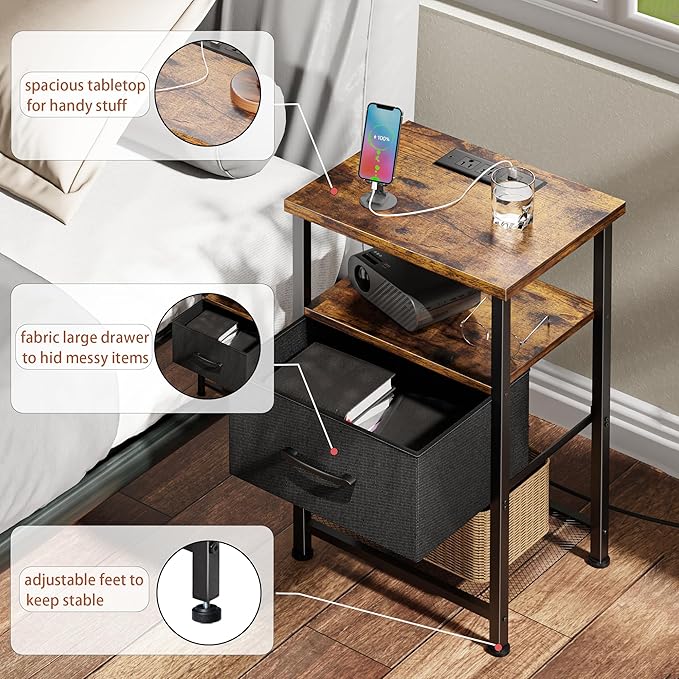 LAKEMID Nightstands Set of 2,Night Stand with Charging Station and Drawer,Bedside Table with 20 Colors LED Light Strip,End Table for Bedroom Living Room (Rustic Brown)