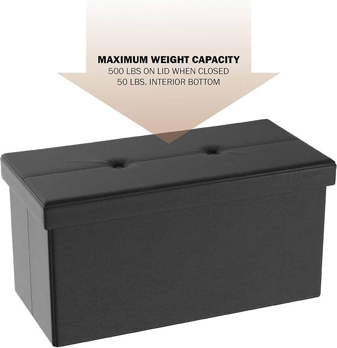 Storage Ottoman - 30-Inch Folding Faux Leather Footrest, Linen Chest, or Bench with Removable Bin for Living Room or Bedroom by Lavish Home (Black)