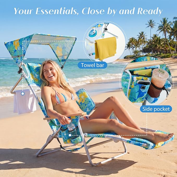 5-Positon Backpack Beach Chair, Portable Folding Tanning Chair, Double Shoulder Straps Beach Lounge Chair with Footrest, Face Hole, Towel Bar for Camping (Yellow Green, 60.6" with Canopy)