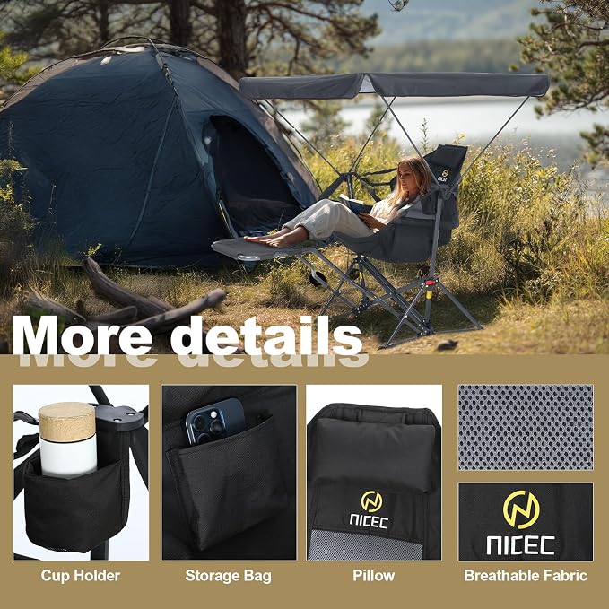 Nice C Hammock Chair with Canopy & Footrest, Portable Swinging Camping Chair with Shade, Folding Rocking Umbrella Chair, Detachable Footrest, Cup Holder, Carry Bag for Camping, Beach (1 Pack)