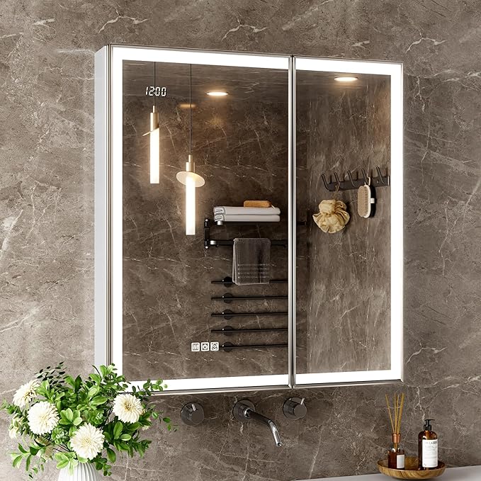 30x32 Lighted Medicine Cabinet with Mirror, Beveled Brushed Nickel Framed Surface or Recessed Fogless Dimmable LED Medicine Cabinet with Lights, Outlet, Time Display and Sensor Inner Light