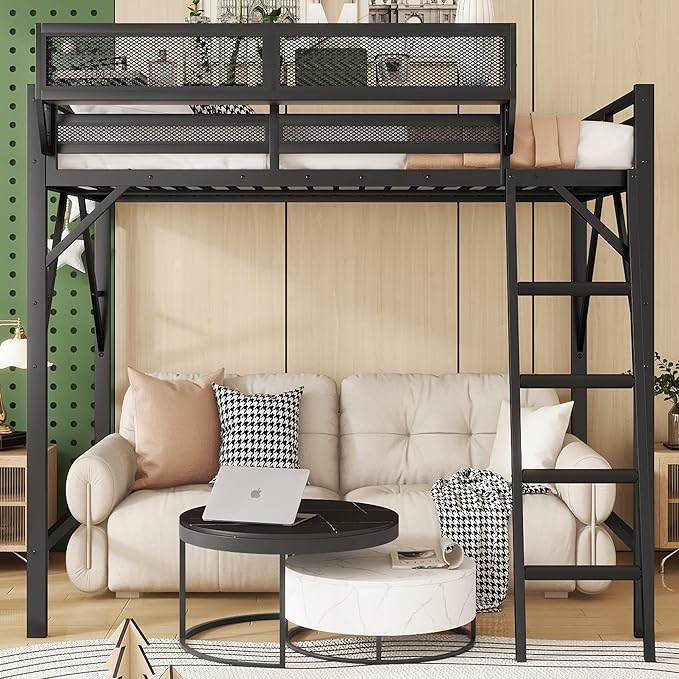 KEIKI Queen Size Metal Loft Bed Frame with Ladder and Built-in Storage Shelves, for Teens, Modern Style Loft Bed with Solid Slats, Guardrail, No Box Spring Required, Easy Assembly, for Bedroom, Black