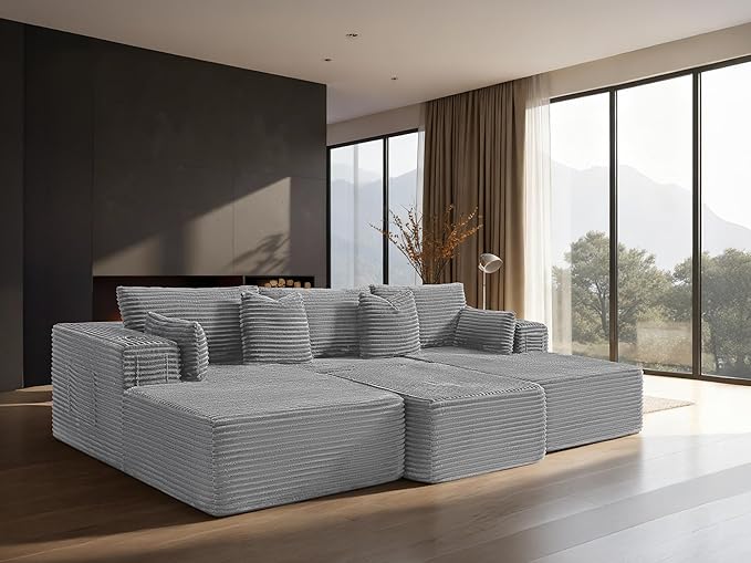 108" Cloud Sectional Couch, Comfort Sleep Sofa for Living Room, Extra Deep Seats No Assembly, Minimalist Modular Couch, Corduroy (Light Grey, Widen Loveseat Chaise)