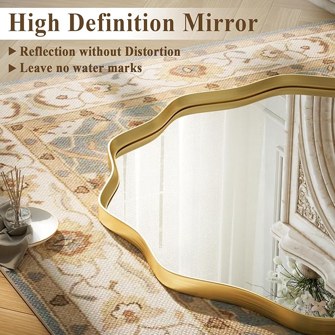 VooBang Gold Scalloped Circle Mirror, 24" Wavy Edge Round Wall Mirror with Tempered Glass Textured Circular Metal Deep Frame, Hanging Leaning for Bathroom, Hallway, Entryway, Livng Room