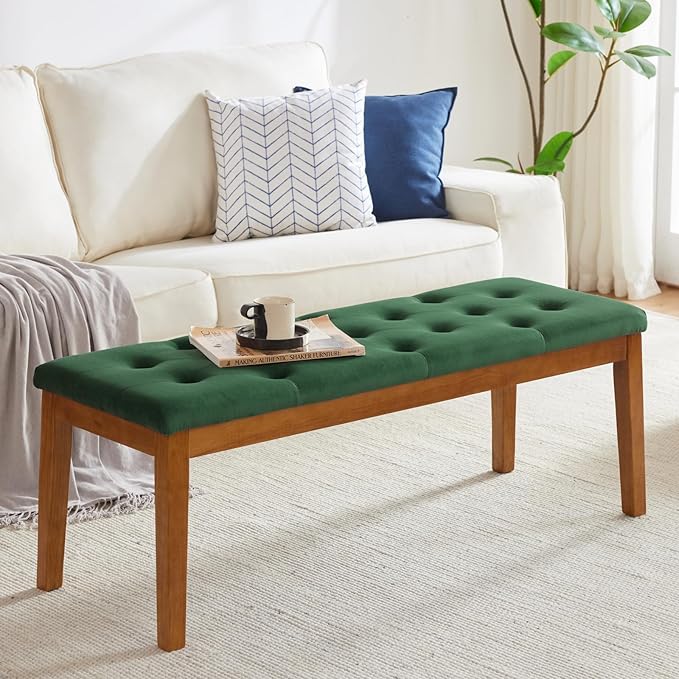 Ottoman Bench Upholstered Padded Seat with Solid Wood Legs and Button-Tufted, Big Oversized Ottoman, Velvet Green