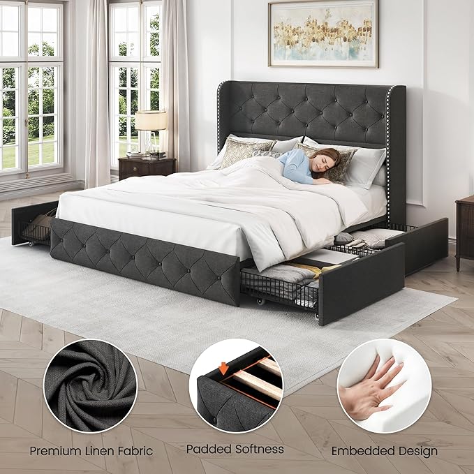 LARMACE Full Size Bed Frame with 4 Storage Drawers and 47.2" Tall Wingback Headboard Linen Upholstered Platform Bed Frame Tufted Beds with Wooden Slats Support, Easy Assembly, Dark Grey