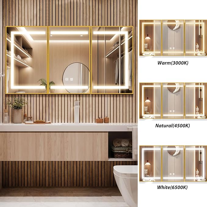 APRILSOUL 48x32 Inch Lighted Bathroom Medicine Cabinet with Mirror, Gold Recessed or Surface Mount Medicine Cabinet Mirror with Storage and LED Lights, 3 Colors Temperature, Dimmable Light