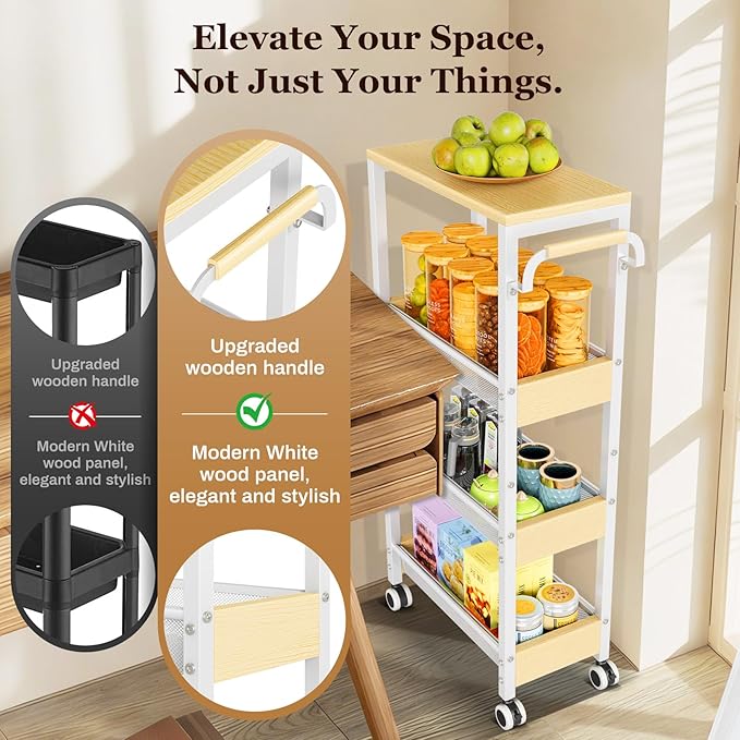 Utility Slim Storage Cart with Wheels, 4 Tier Slim Rolling Cart, Slim Rolling cart for Kitchen,Small Rolling Cart with Wood Top, Skinny Metal Organization Trolley Laundry with Handle for Small Space