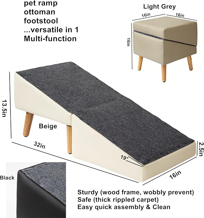Foldable Dog Ramp Split Ottoman Outdoor seat footrest Stool Couch Sofa Furniture Car RV Side Door, Small Medium Senior Injured cat pet (Light Gray, Ramp 13.5" H x 32" L x 16" W (Ottoman: 16in Cube))