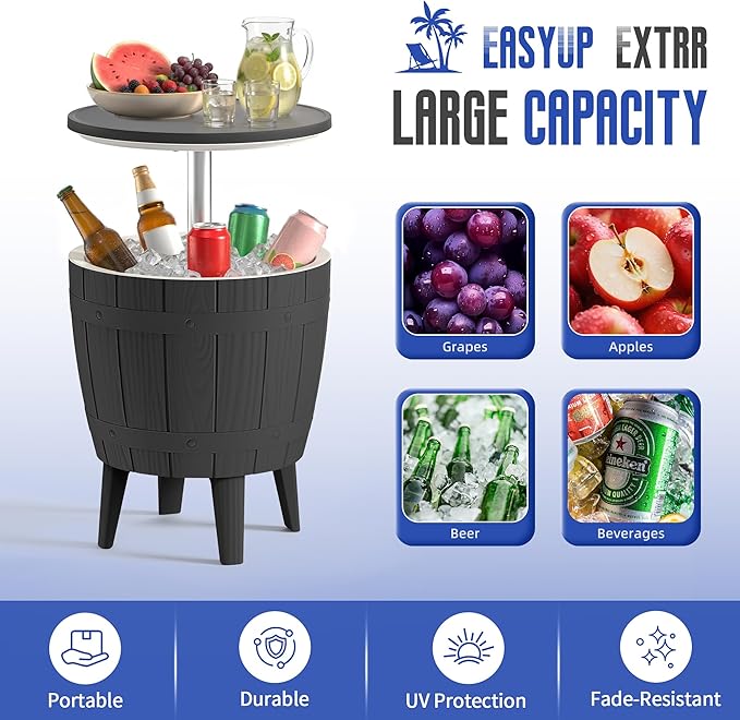 EasyUp Outdoor Resin Ice Bucket & Beverage Cooler-Patio Cooler Table with UV Protection,Wood-Look Side Tables for Your Patio, Picnic, and Beach Party (Black)