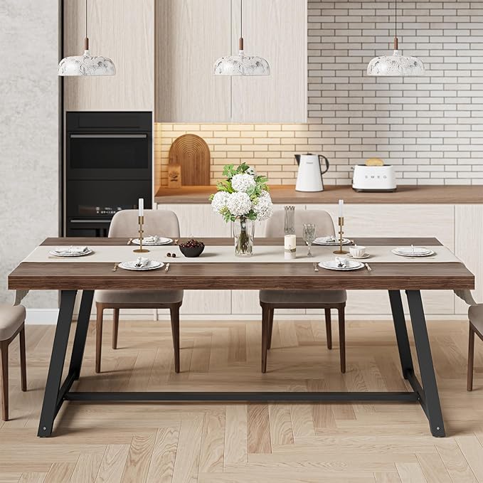 IRONCK 71" Dining Table for 6-8 People, Industrial Kitchen Table with Sturdy Metal Frame, Rectangular Brown Wood Dinner Table for Dining Room
