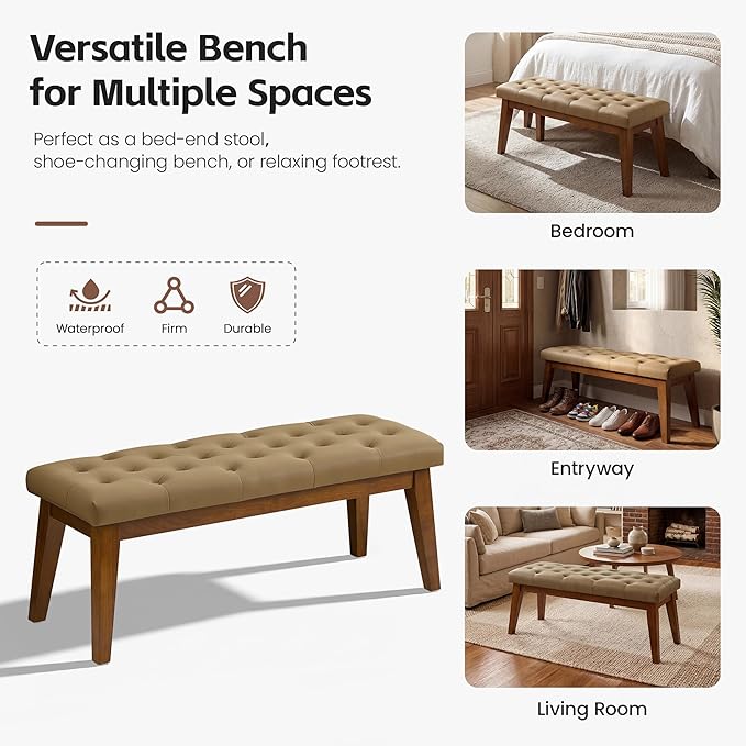 43.5" Upholstered Bedroom Bench, Faux Leather Entryway Bench with Solid Wood Legs, End of Bed Bench with Cushion, Tufted Button Dining Bench for Living Room, Bedroom, Hallway, Light Brown