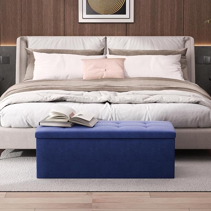 Magshion Folding Storage Ottoman Bench, 43 Inches Ottoman Foot Rest, Large End of Bed Bench, Storage Chest for Living Room, Entryway, Bedroom, 600 lbs Load Capacity, 15 x 43 x 15 Inches, Navy Blue