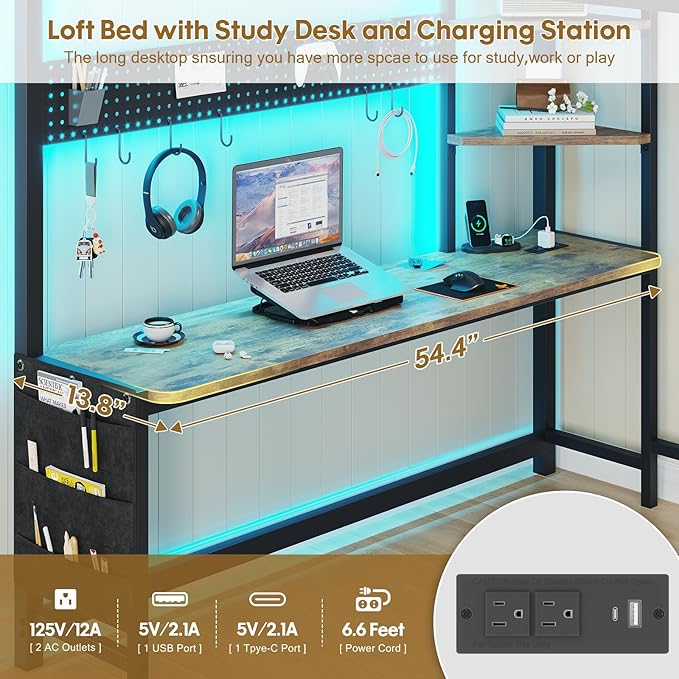 BYSAUD Loft Bed Full Size, Loft Bed with Desk, Bunk Bed with Desk, 6 Storage Drawers & 4 Open Shelves & 2 Storage Bags, LED Lights & Charging Station, Safety Guardrail, No Box Spring Needed, Brown