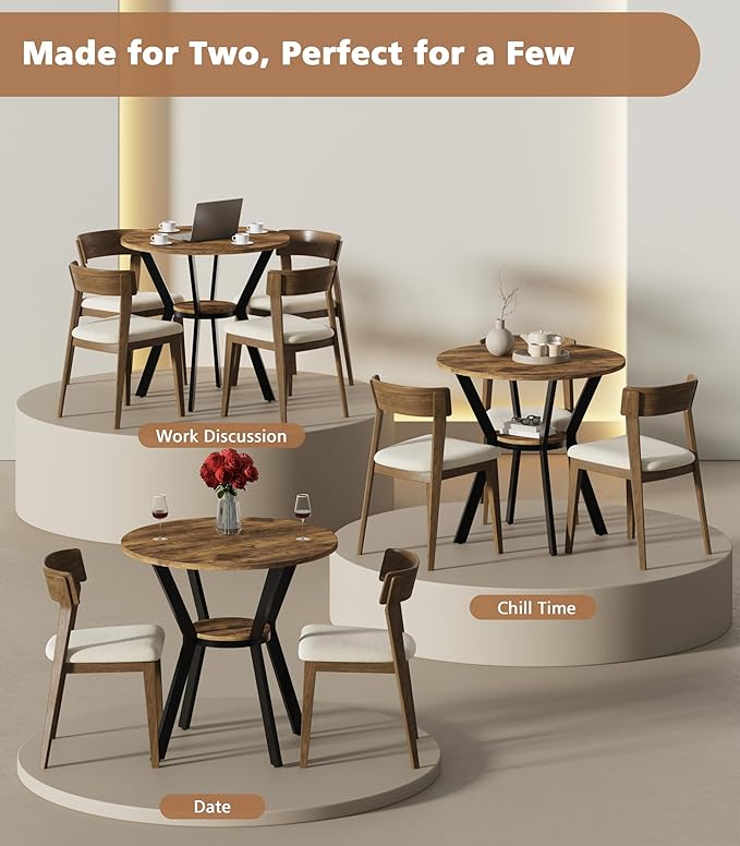 MECHYIN Round Kitchen Table for 2-4, Small Round Dining Table with Storage, Rustic Wood Circle Table with Metal Legs, Compact Dining Room Table for Kitchen, Cafe, Apartment and Small Space