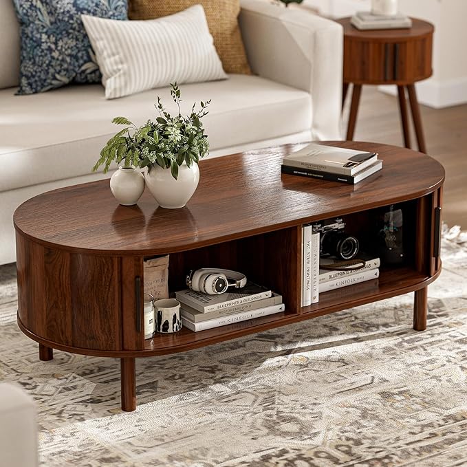 ZttRiee Coffee Table for Living Room, Modern Oval Coffee Table with Cabinets & Sliding Doors, Home Small Space, 47.2" Fluted Center Table, Walnut