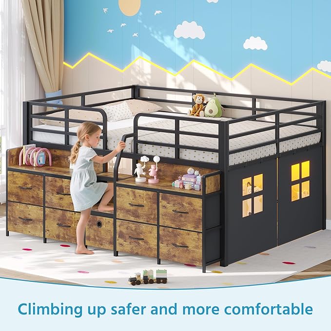 Dnxao Low Loft Bed Full Size with 9 Drawers and 2 Bookcases, Bed Frame for Kids with Charging Station & LED Lights, 15" H Safety Guardrail Metal, Under-Bed Play Space, Vintage Brown