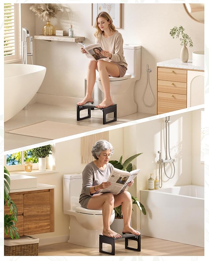 AmazerBath 8.5 Inches Bamboo Toilet Stool Squat for Adults, Collapsible Poop Stool for Bathroom, 0.79" Thickness Squatting Potty with Non-Slip Strip, No Assembly Required, Black
