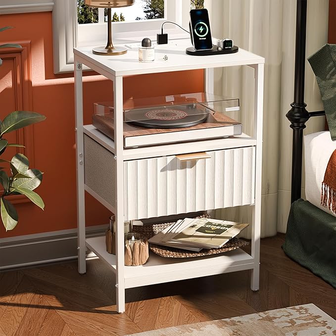 VINGLI White Nightstand with Charging Station and Fabric Drawer, Fluted Night Stand/Bedside Table, Small Night Stand with Charger Station for Bedroom, Dorm, 14.96" W*11.81" D*23.7" H, 1 pc