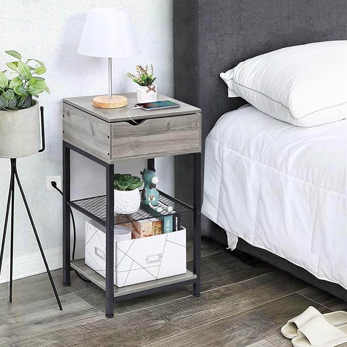 End Table with Charging Station, Bedside Table Nightstand Narrow Sliding Top Side Table with Storage Shelf with USB Ports & Power Outlets for Small Spaces Living Room, Bedroom, Office, Sliver