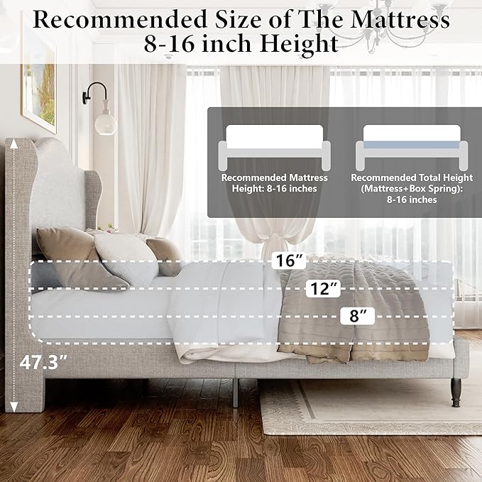 Queen Bed Frame with 50.4" Tall Wingback Headboard, Upholstered Platform Bed with Wood Slats, 1000 lbs Capacity, No Box Spring Needed, Easy Assembly, Beige
