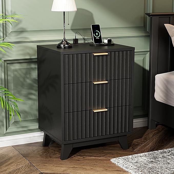 VINGLI Black Fluted Nightstand with Charging Station,3 Drawer Black Wood Nightstand for Bedroom, Modern Night Stand with Drawers, Fluted Bedside Table/End Table/Side Table, 17.72" W, 1 pc