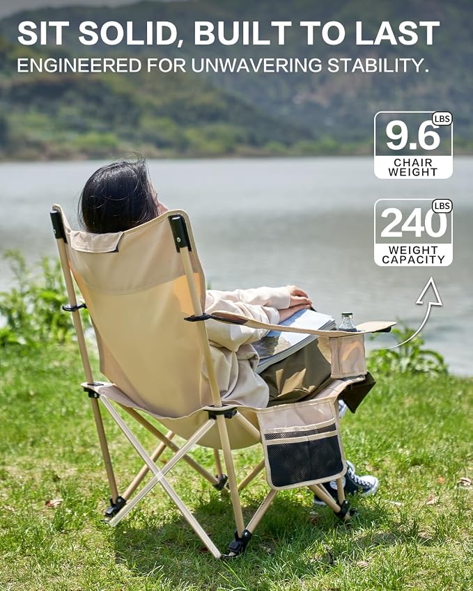 MOBI GARDEN Reclining Camping Chair with Foot Rest, 4-Position Adjustable Folding Lounge Chair for Adults, Portable & Detachable Footrest – Sand - Mesh Back