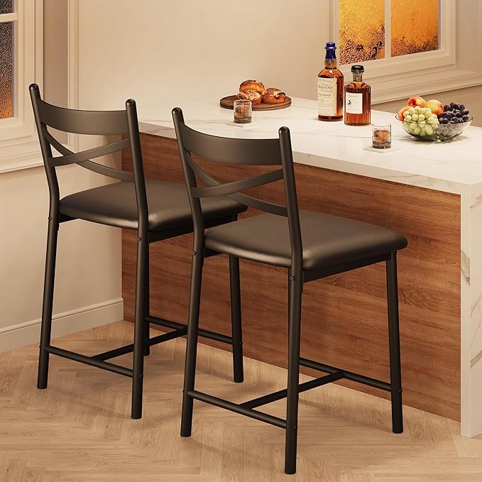 IDEALHOUSE 26" Counter Height Bar Stools Set of 2, Upholstered Bar Chairs with Back, Thick Cushion, Modern Counter Height Barstools for Kitchen Island, Apartment Counter, Dining Room Bar (2)