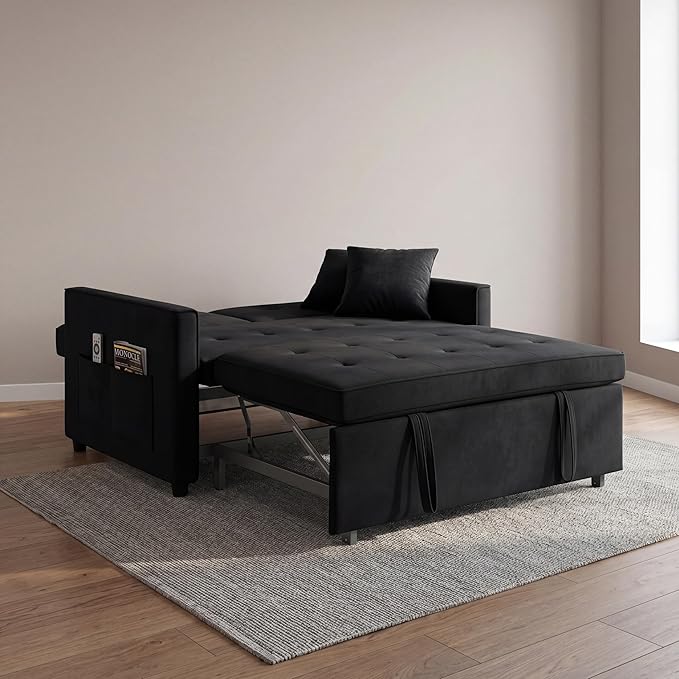 Convertible Sofa Bed, Pull Out Couch with Side Pockets, 3 in 1 Velvet Fabric Loveseat Sleeper Sofa Bed, Pull Out Couch with Adjustable Backrest for Living Room, Bedroom, Apartment, Light Gray