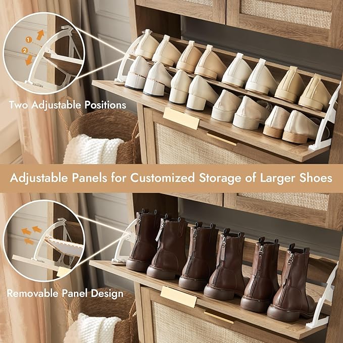 HOKYHOKY Rattan Shoe Storage Cabinet with 2 Drawers & 2 Flip Drawers – Hidden Slim Shoe Organizer for Entryway, Large Tabletop Space, Farmhouse Boho Narrow Shoe Rack, Rustic Oak