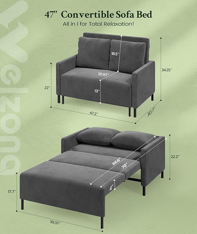 Welzona 47.2" Convertible Sofa Bed Couch, Comfy Corduroy Loveseat Sleeper Sofa, 620lbs Capacity Couch Bed, Easy Setup Love Seat Sleeper Bed 2 Pillow, Small Couches for Living Room/Office, Classic Grey