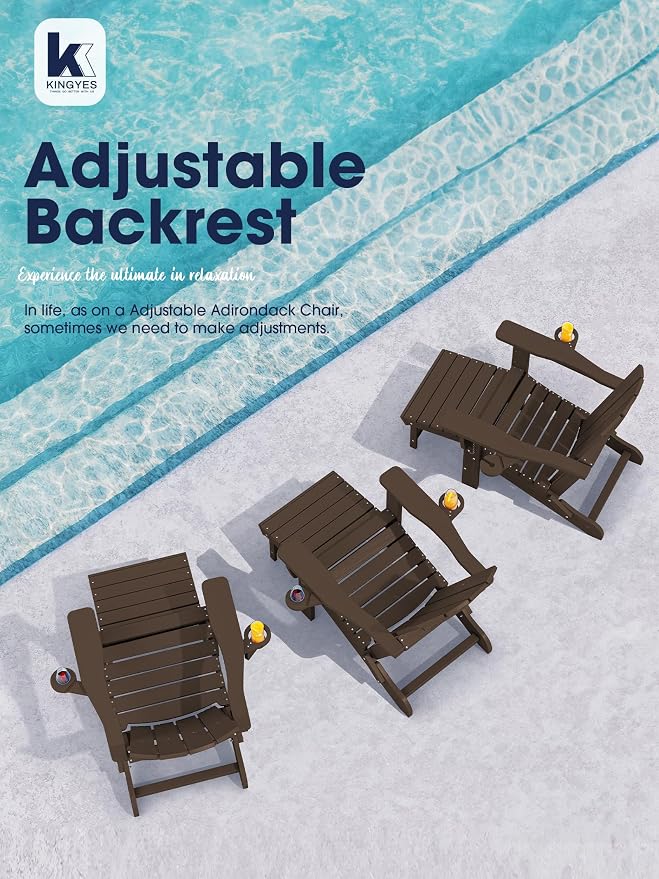 KINGYES Folding Adjustable Adirondack Chair with Ottoman Set of 2, HDPE Adirondack Recliner Chair with Footrest, Coffee