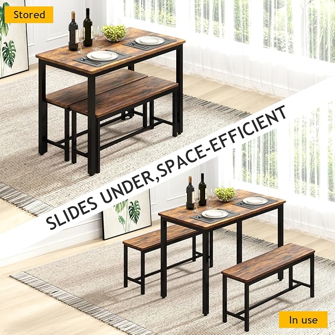 Rovibek 43" Dining Room Table Chairs Set for 4, Modern Space Saving Kitchen Table with 2 Benches & Adjustable Feet Breakfast Table, Wooden Industrial Style Farmhouse, Brown